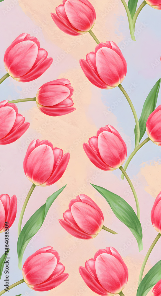 Seamless Pattern of Pink Tulips with Watercolor Touch on Light Ground