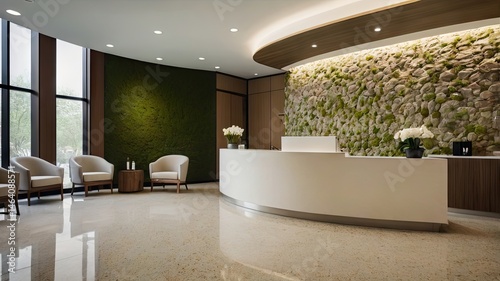 Modern Spa Reception Area with Curved Desk and Green Moss Wall