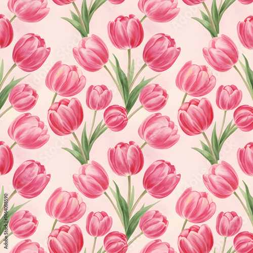Seamless Pink Tulips Floral Pattern on Light Pink Background