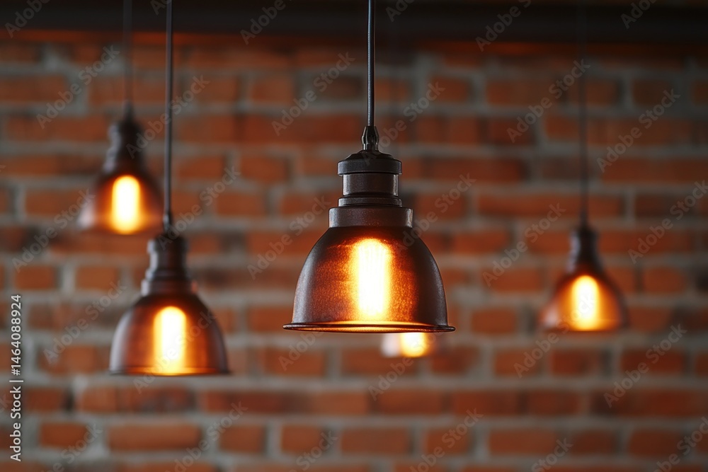 Fototapeta premium Cozy ambiance with glowing pendant lights and red brick background