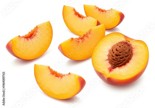 Arrangement of sliced peaches with one half showing the pit on a white background for a fresh summer treat