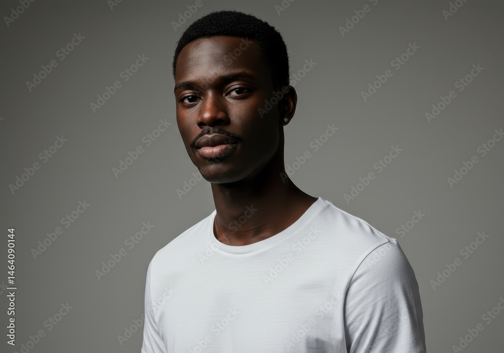 Portrait of a handsome dark-skinned man in a white t-shirt looking at the camera with a neutral expression Portrait of a handsome dark-skinned man in a white t-shirt looking at the camera with a neutral expression