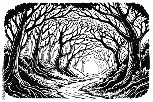 93 Intricate black and white forest illustration, detailed tree trunks, arching branches, dense foliage, tree tunnel, winding path, mystical atmosphere, fantasy woodland, pen and ink style, high contr
