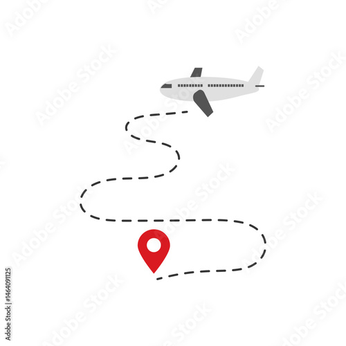 Airplane traveling along a dotted flight path to a destination