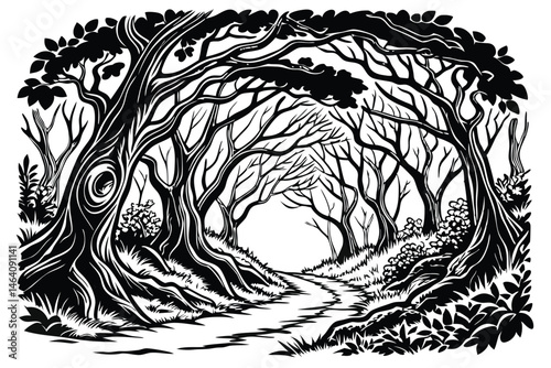 93 Intricate black and white forest illustration, detailed tree trunks, arching branches, dense foliage, tree tunnel, winding path, mystical atmosphere, fantasy woodland, pen and ink style, high contr
