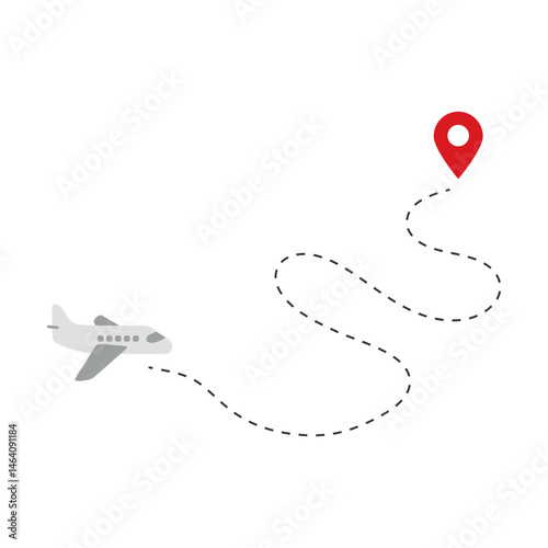 Airplane traveling along a dotted flight path to a destination