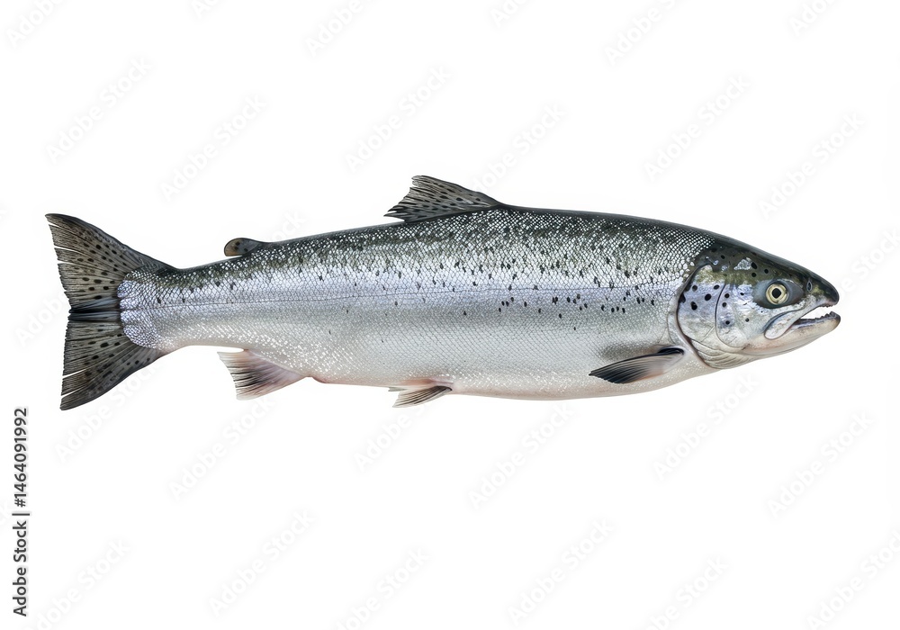 Freshly caught salmon with silver skin and dark spots, isolated on a white background for culinary or fishing concepts Freshly caught salmon with silver skin and dark spots, isolated on a white background for culinary or fishing concepts