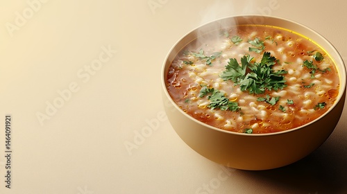 Warm bowl of flavorful tomato soup with miniature pasta and fresh garnish