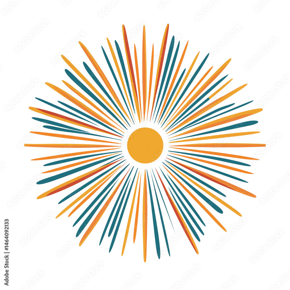 Obraz premium Bright and vibrant sunburst design featuring rays in orange, blue, and yellow colors radiating from central circle, creating lively and energetic visual effect