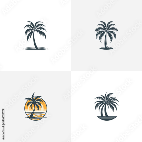 Set of vector designs showcasing stylized palm trees, embodying concepts of relaxation, tropical vacation, and beach vibes. Perfect for summer designs, travel branding, and exotic-themed projects.
