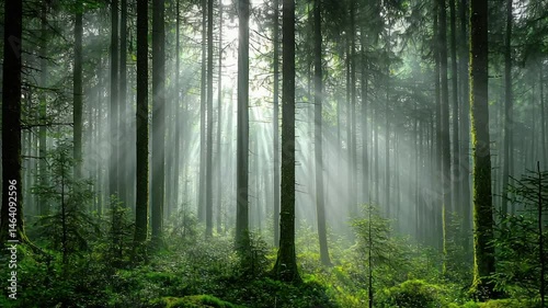 Sunbeams piercing a misty forest