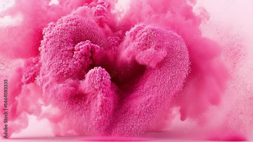 Vibrant pink heart shaped cloud of powder on light background. The 14th of February. Happy Valentine's Day