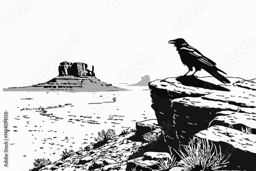 94 Black and white photography, lone crow, rocky outcrop, desolate landscape, barren horizon, stark contrast, minimalist composition, textured stone, desert-like terrain, monochrome aesthetic, detaile