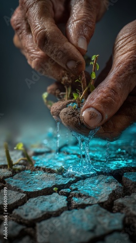 Human hands carefully repairing fractured earth model using healing blue water and sprouting plants surrounded by scientific restoration tools showing environmental recovery concepts