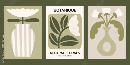 Neutral colors floral vector posters set. Minimalist print designs with flowers in vase in green shades