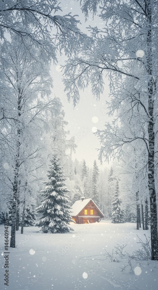 Naklejka premium Snowy Cabin in Winter Forest Landscape Snowfall Scene Background