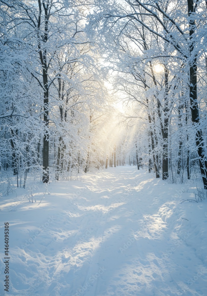 Obraz premium Snowy Winter Scene Landscape Trees White Nature Sunlight Forest