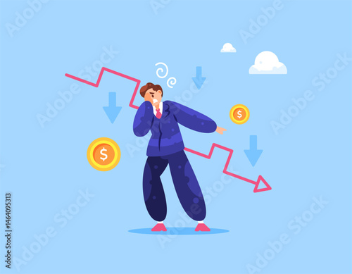 concept of declining sales. decreasing revenue, profits, and economy. business problems and losses. illustration of a businessman with declining financial conditions. flat style design. elements