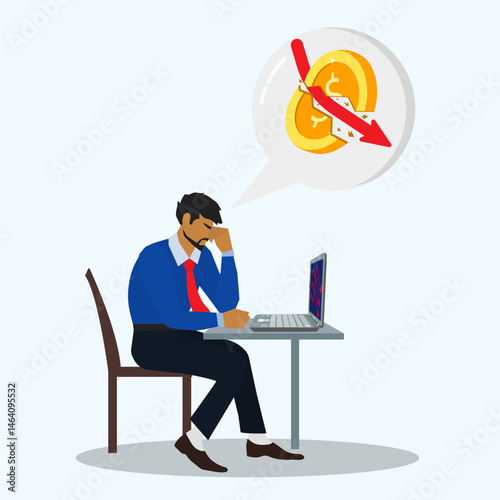 Financial crisis concept. Global economic money problem, Bankruptcy unpaid loan debt, investment failure. Man sitting on chair while dizzy looking laptop screen arrow down. 