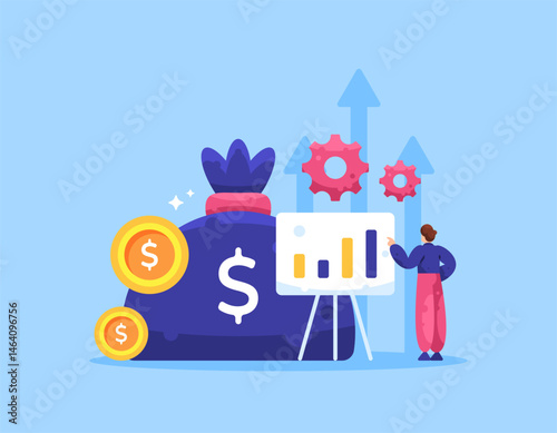 business and finance growth concept. strategizing to increase income, profits, and sales. illustration of businessman making plans to earn a lot of money. bag of money. flat style design
