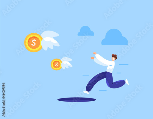 concept of business, challenges and pitfalls. efforts to gain profit and money. illustration of a businessman running after flying coins while passing through a hole. flat style design. elements