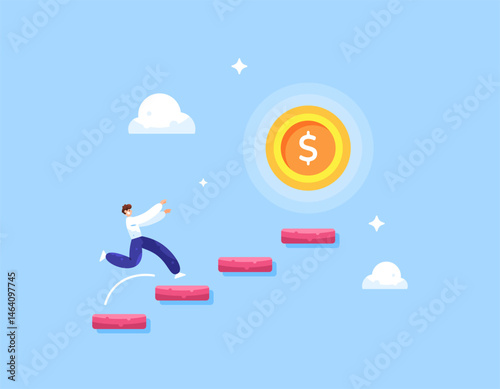 concept of business challenges, processes and objectives. efforts to gain success, achieve goals. money and income. illustration of man running to the top to get gold coins. flat style design