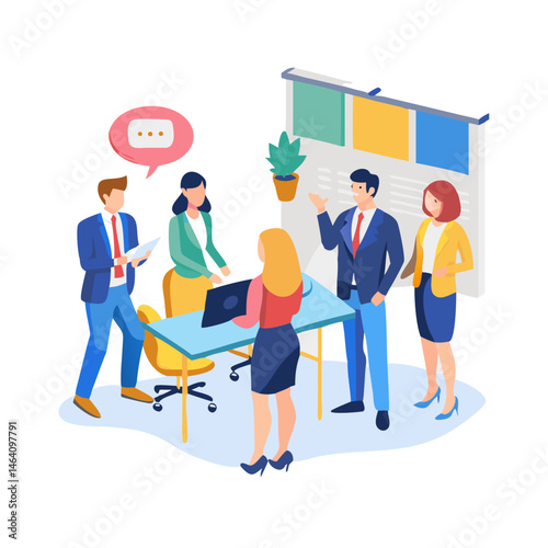Business Team in a Collaborative Meeting.A vibrant illustration of a diverse business team engaged in a collaborative meeting around a table.