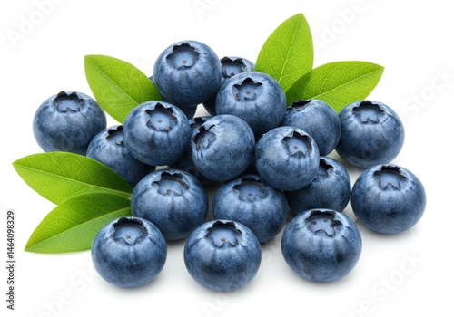Pile of fresh blueberries with green leaves isolated on a white background, showcasing their vibrant color and texture
