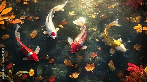 Koi fish swimming among autumn leaves.