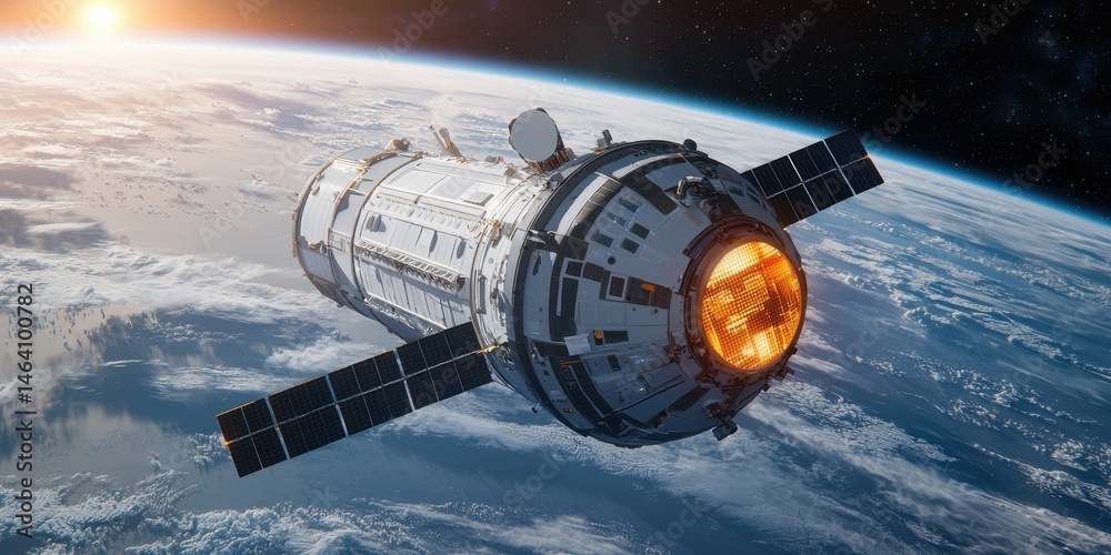 Fototapeta premium A space satellite orbits above Earth, capturing the planet's curvature and the vast expanse of outer space with solar panels extended.