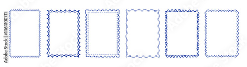 Stamp coastal frames. Vintage squiggle borders. Hand drawn frame for menu, wedding invitation, coastal party. Italian ornament border design. Doodle wiggle retro stamp poster. Scallop crayon emblem bg