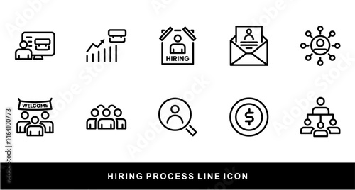 Hiring Process Line Icons. Recruitment, Job Application, Interview, Candidate Selection Vector Set