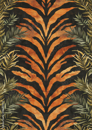 Pattern of stylized tiger stripes and jade detailing repeated for a dramatic and opulent textile concept