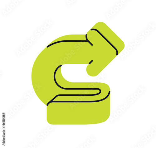 Arrow, navigation sign. Curved direction, twisting movement. Pointer symbol turning, pointing right, showing tricky path, changing route. Flat vector illustration isolated on white background