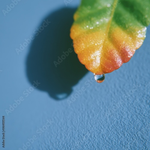 Transparent trickle over textured fig leaf, morning light shimmer