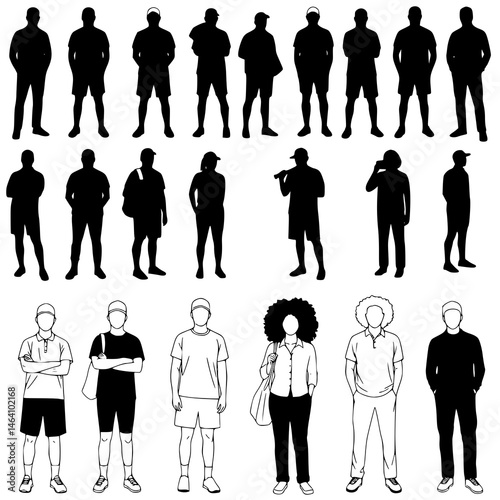 Vector silhouettes man and women, illustration. Silhouettes of young people posing in casual clothes. Transparent PNG version.