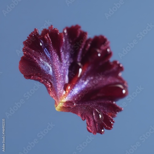 Crystal water thread moving across tulip leaf, bright natural mood