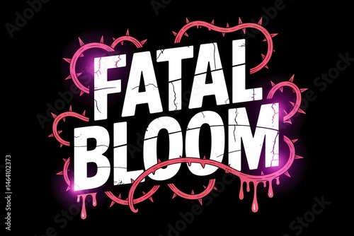 Fatal Bloom illustration with thorns, dripping effect and cracked text