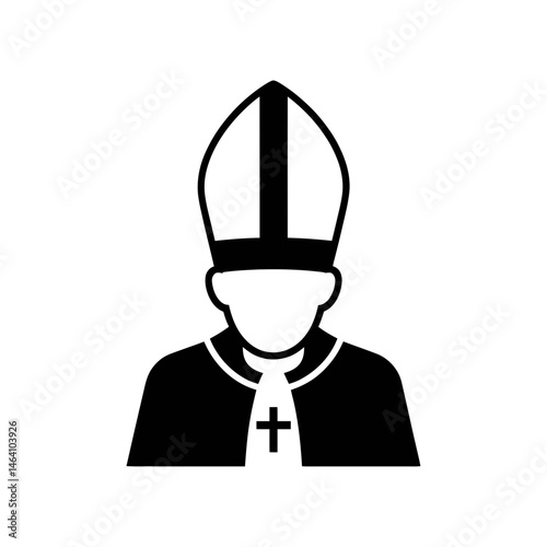 A silhouette of a pope  religious leader is depicted, wearing a tall, structured hat and traditional clerical attire.