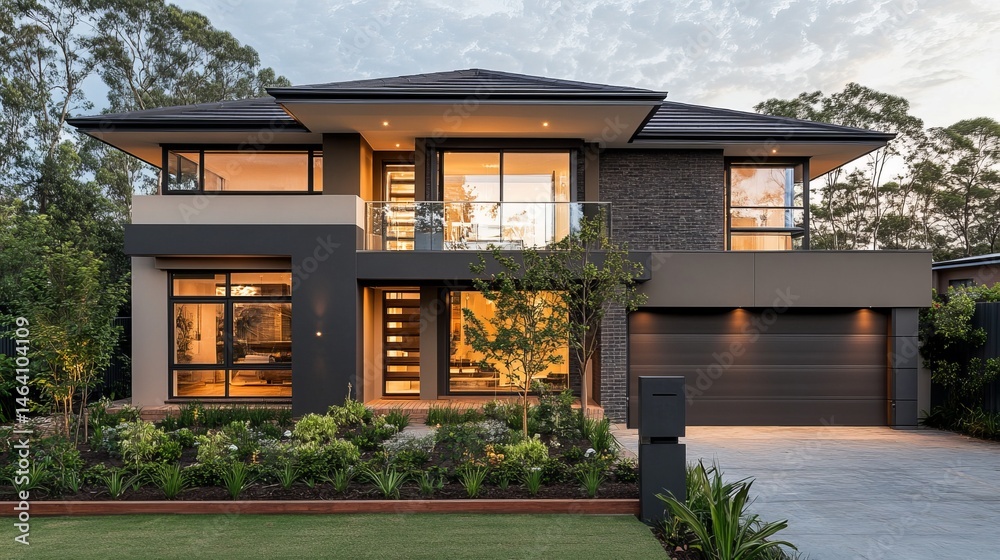 Fototapeta premium Modern Two-Story House Exterior Design with Dark Brick and Landscaping