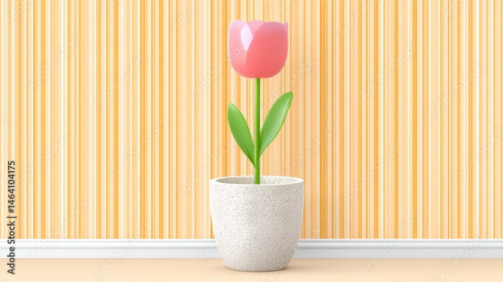 Obraz premium Pink Tulip in White Pot Against Orange Striped Wallpaper