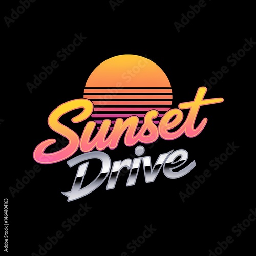 Retro stylized sunset drive graphic with vintage color gradients and typography