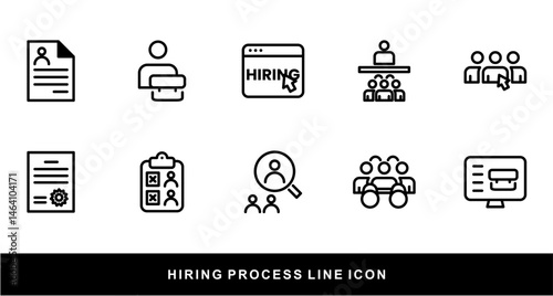 Hiring Process Line Icons. Recruitment, Job Application, Interview, Candidate Selection Vector Set