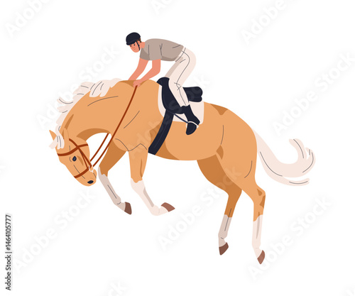 Horse bucking, crow hopping. Disobedient unruly equine behavior. Equestrian, stallion out of control, dangerous behaviour during riding. Flat vector illustration isolated on white background
