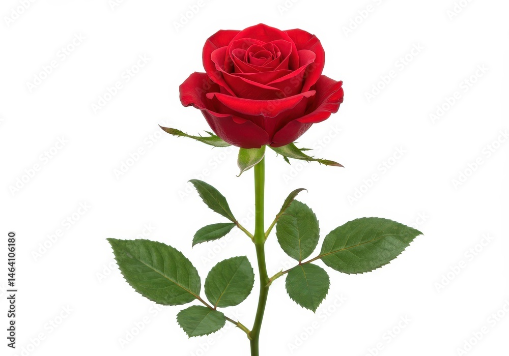 Obraz premium A single red rose with green leaves stands upright on a white background in a studio shot