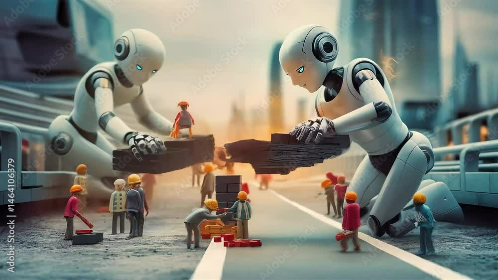 Giant robots and miniature figures work together building a structure in an urban construction scene