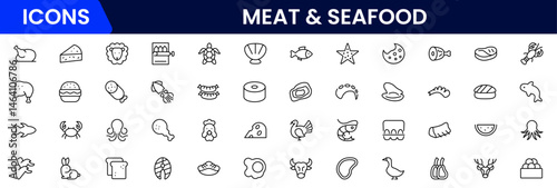 Meat, poultry, fish and eggs - minimal thin line web icon set. Outline icons collection.Simple vector illustration.