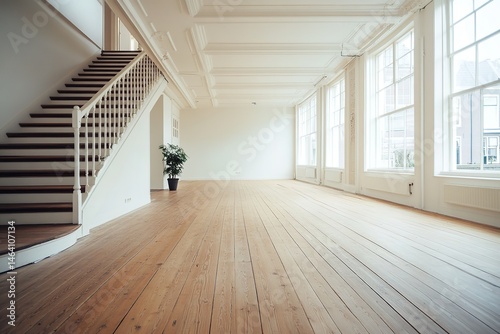 Spacious Empty Room Hardwood Floor Large Windows White Walls Staircase Modern Home Interior Design