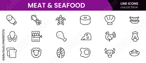 Meat, poultry, fish and eggs - minimal thin line web icon set. Outline icons collection.Simple vector illustration.