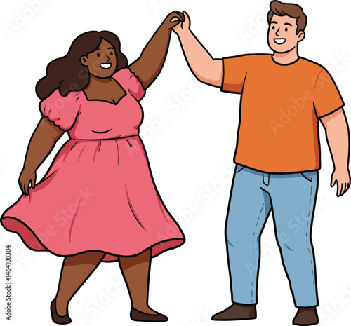 Illustration of a fat couple dancing, black woman and white male, isolated on white background